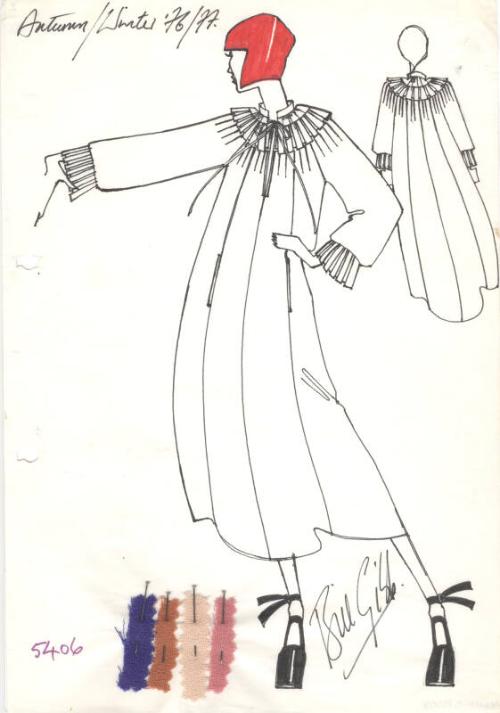 Drawing of Dress with Fabric Swatches for the Autumn/Winter 1976 Collection