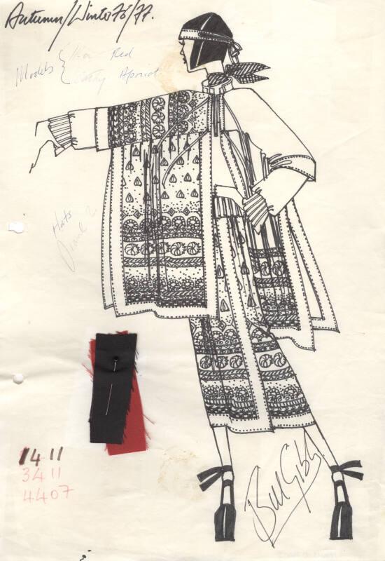 Drawing of Coat, Top and Skirt with Fabric Swatches for the Autumn/Winter 1976 Collection