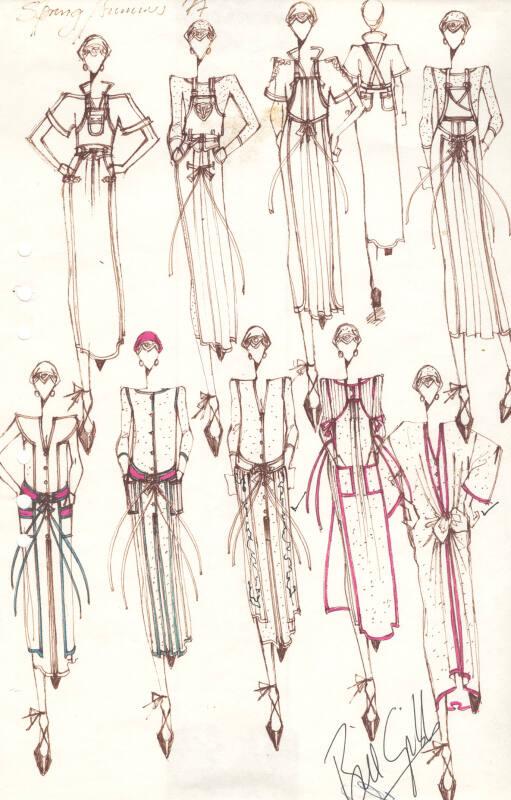 Multidrawing of Dresses for Spring/Summer 1977 Collection