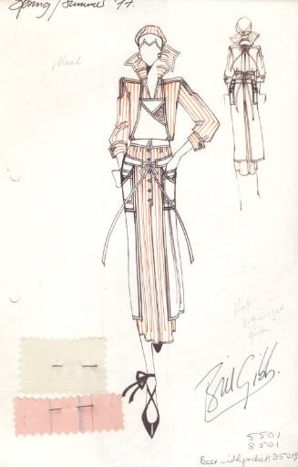 Drawing of Apron Dress with Fabric Swatches for Spring/Summer 1977 Collection