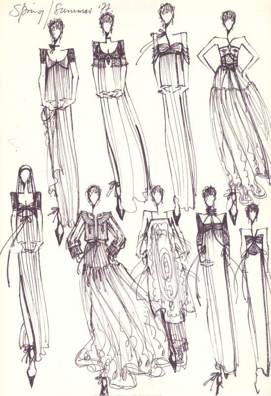 Multidrawing of Dresses from Spring/Summer 1977 Collection