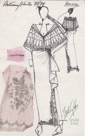 Drawing of Evening Dress with Fabric Swatches for Autumn/Winter 1977/78 Collection