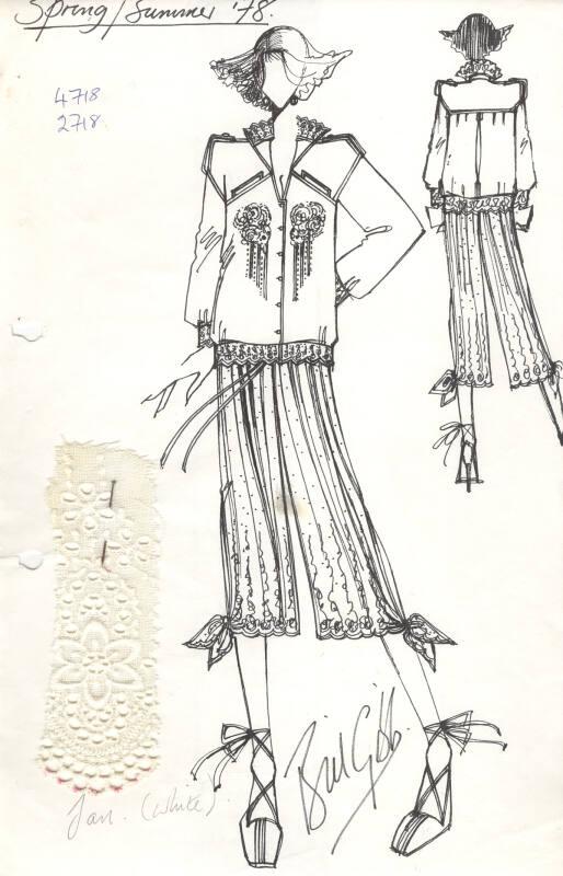 Drawing of Blouse and Culottes with Fabric Swatch for Spring/Summer 1978 Collection