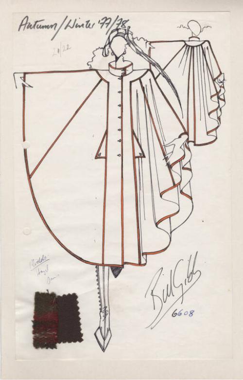 Drawing of Coat with Fabric Swatches for Autumn/Winter 1977/78 Collection