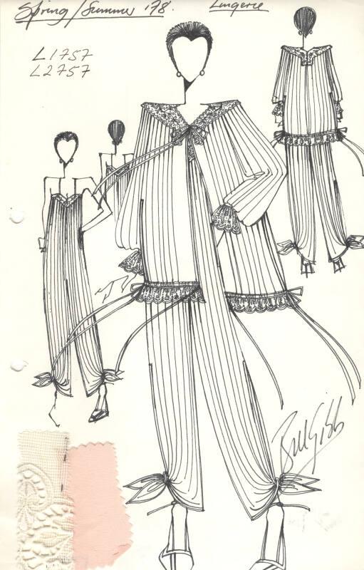 Drawing of Jumpsuit and Jacket with Fabric Swatches for Spring/Summer 1978 Lingerie Collection