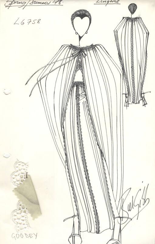 Drawing of Negligée with Fabric Swatches for Spring/Summer 1978 Lingerie Collection