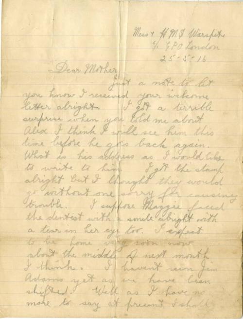 letter from George Rennie on HMS Warspite 25th May 1916