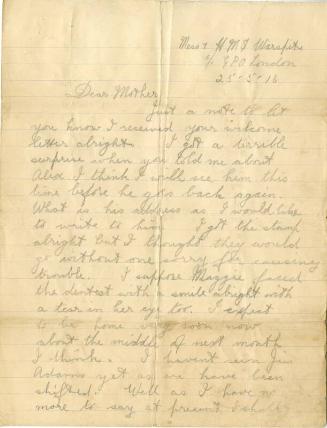 letter from George Rennie on HMS Warspite 25th May 1916