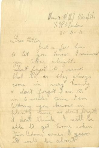 letter from George Rennie on HMS Warspite 21st April 1916