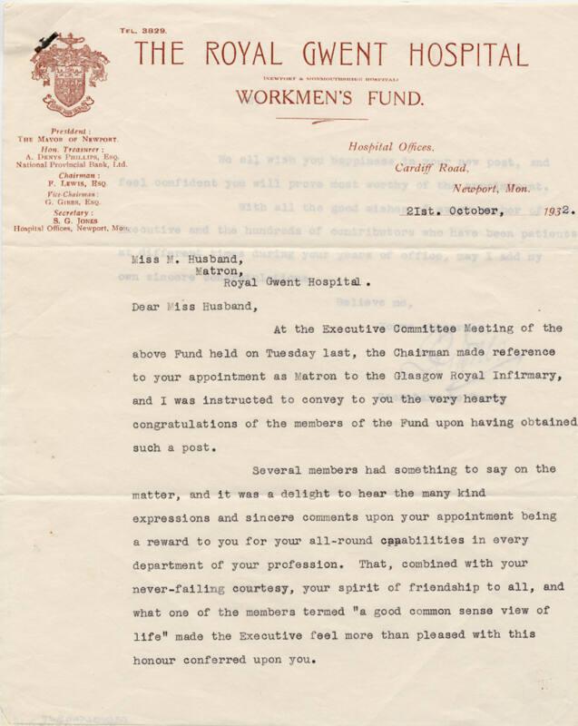 Letter of Appreciation to Matron Marget Husband