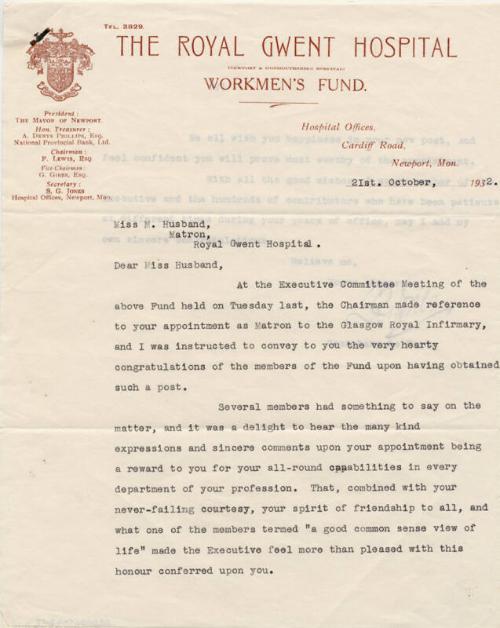 Letter of Appreciation to Matron Marget Husband
