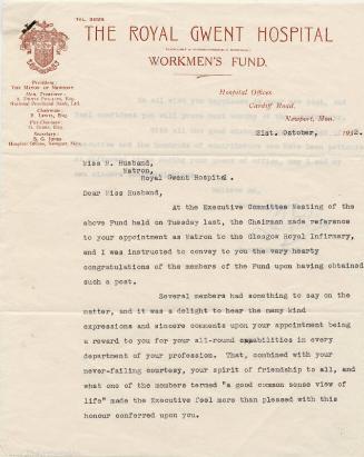 Letter of Appreciation to Matron Marget Husband