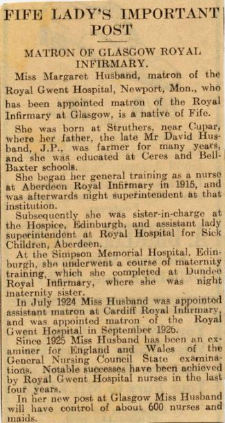 Marget Husband's Appointment to Post in Glasgow