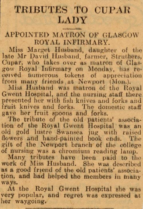 Tribute to Matron Marget Husband Appointed Matron Glasgow Royal Infirmary