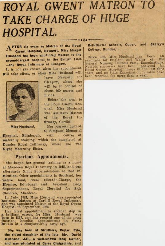 Tribute to Matron Marget Husband Appointed Matron Glasgow Royal Infirmary