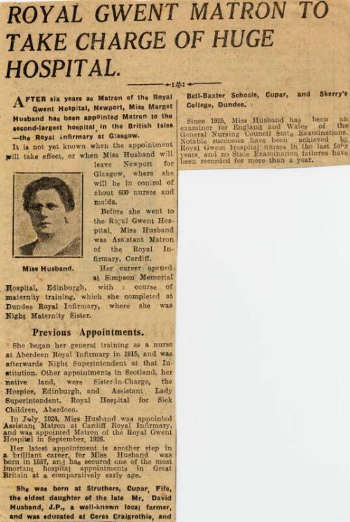 Tribute to Matron Marget Husband Appointed Matron Glasgow Royal Infirmary