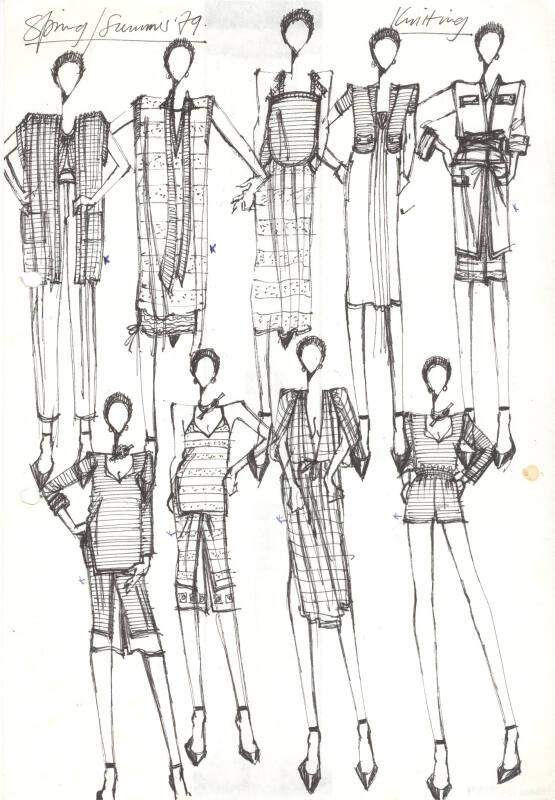 Multidrawing of Dresses, Tops, Skirts and Trousers for Spring/Summer 1979 Knitting Collection