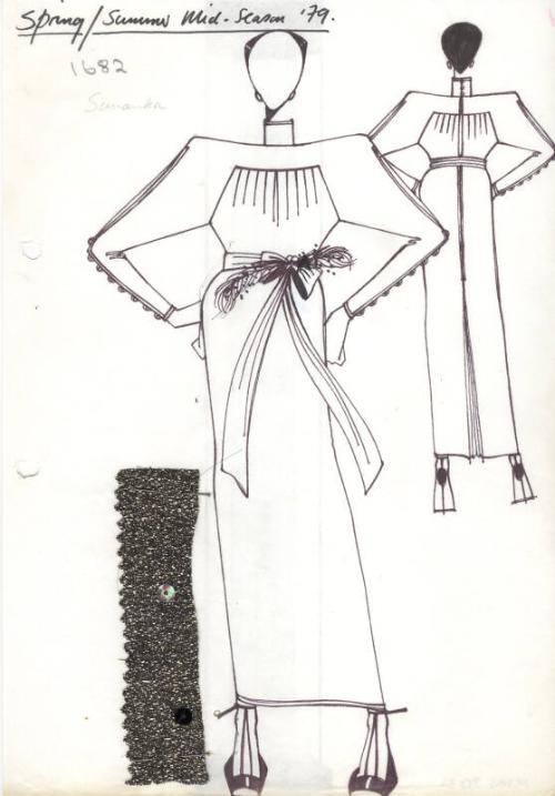 Drawing of Spangled Evening Gown with Fabric Swatch for Spring/Summer 1979 Mid-Season Collectio…