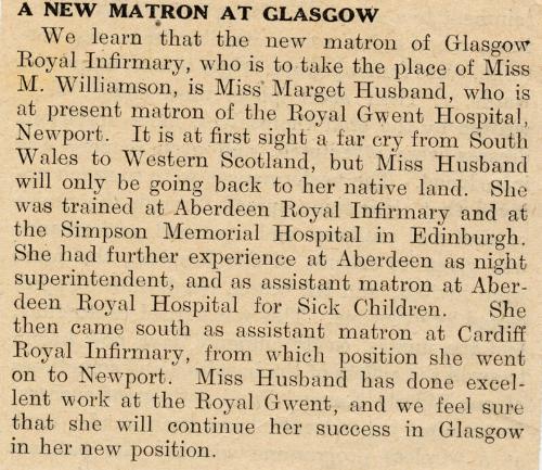 Marget Husband Appointed Matron Glasgow Royal Infirmary