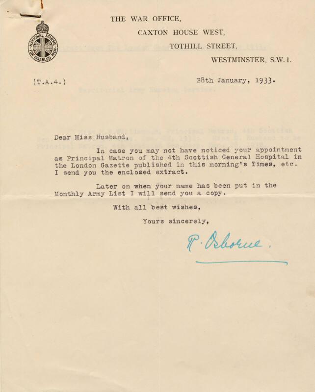 On Miss Marget Husband's Appointment as Matron of Glasgow Royal Infirmary / 4th Scottish Genera…