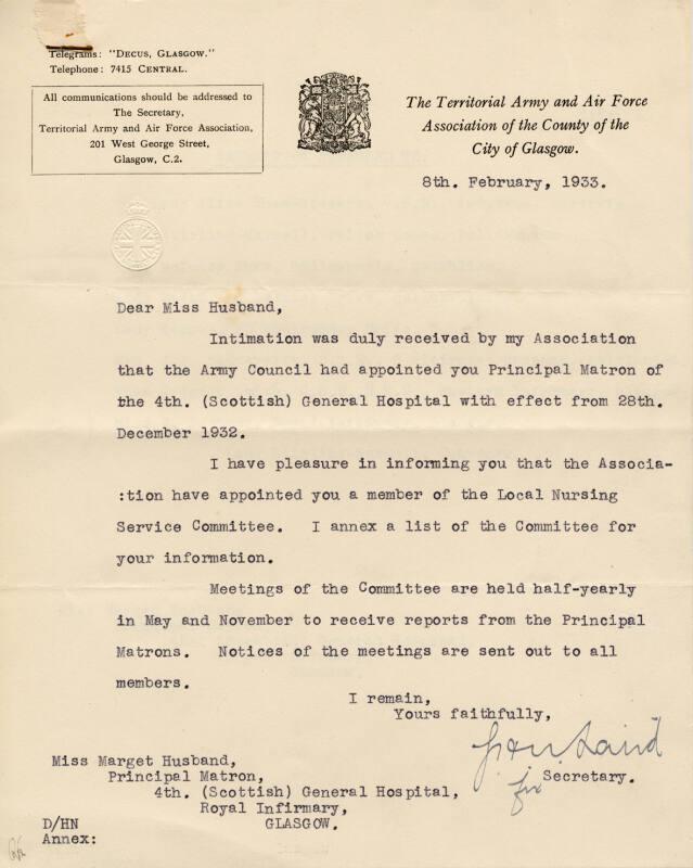 On Miss Marget Husband's Appointment as Matron of Glasgow Royal Infirmary / 4th Scottish Genera…