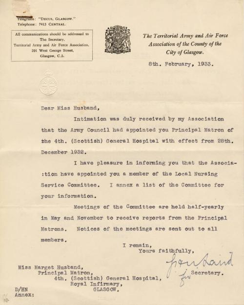 On Miss Marget Husband's Appointment as Matron of Glasgow Royal Infirmary / 4th Scottish Genera…