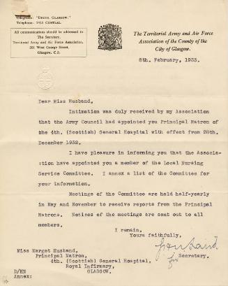 On Miss Marget Husband's Appointment as Matron of Glasgow Royal Infirmary / 4th Scottish Genera…