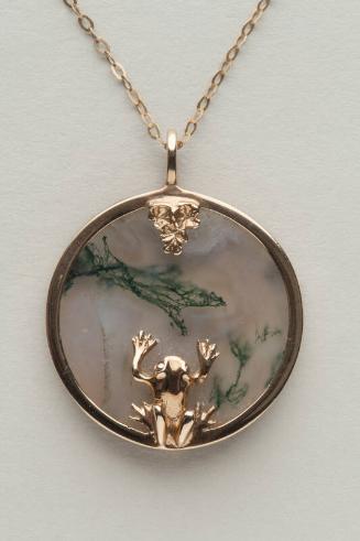 Gold and Moss Agate Frog and Lily Pad Pendant by Norman Grant
