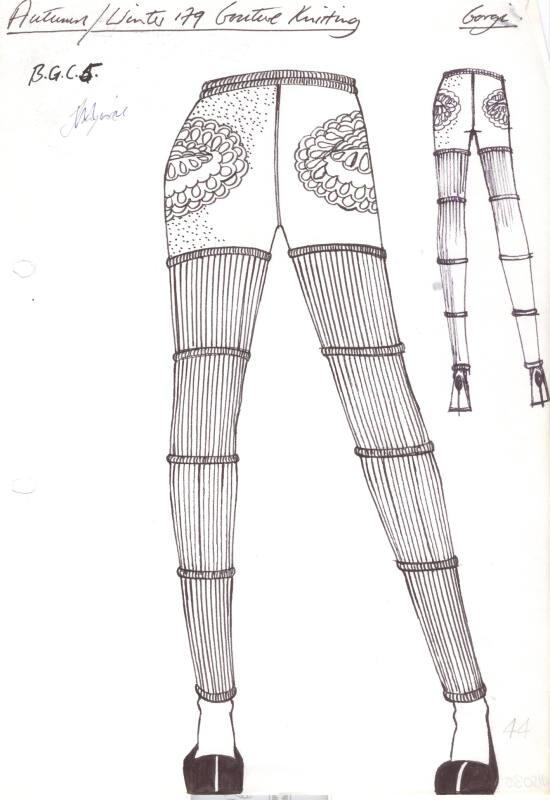 Drawing of Drainpipe Trousers with Knitted Ribbed Detail for Autumn/Winter 1979 Couture Knittin…