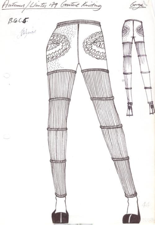 Drawing of Drainpipe Trousers with Knitted Ribbed Detail for Autumn/Winter 1979 Couture Knittin…