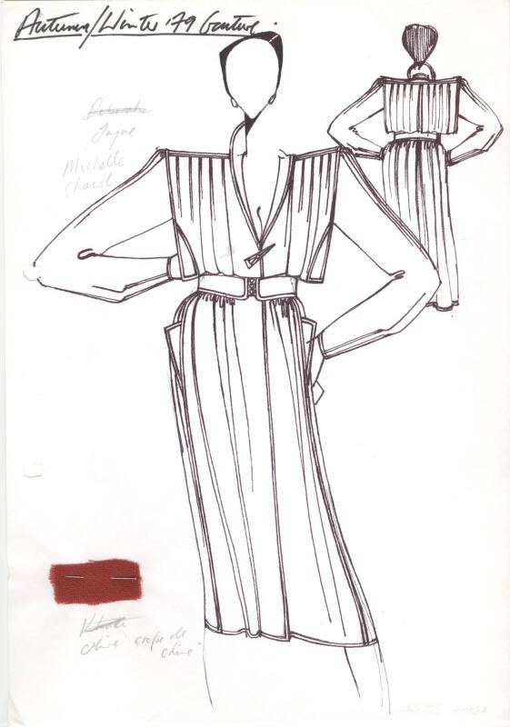 Drawing of Crepe De Chine Dress with Fabric Swatch for Autumn/Winter 1979 Couture Collection