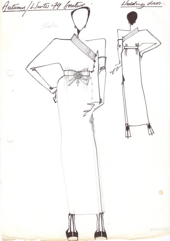 Drawing of Long Straight Off the Shoulder Wedding Dress for Autumn/Winter 1979 Couture Collecti…