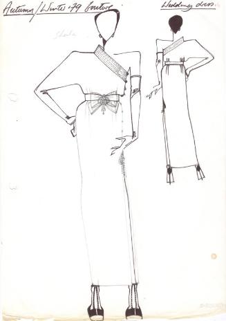Drawing of Long Straight Off the Shoulder Wedding Dress for Autumn/Winter 1979 Couture Collecti…