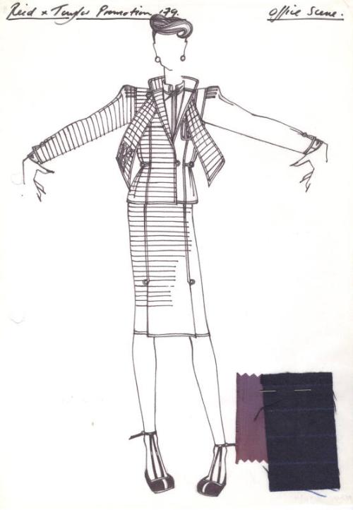 Drawing of Jacket and Skirt with Fabric Swatches for Reid and Taylor 1979 Promotion