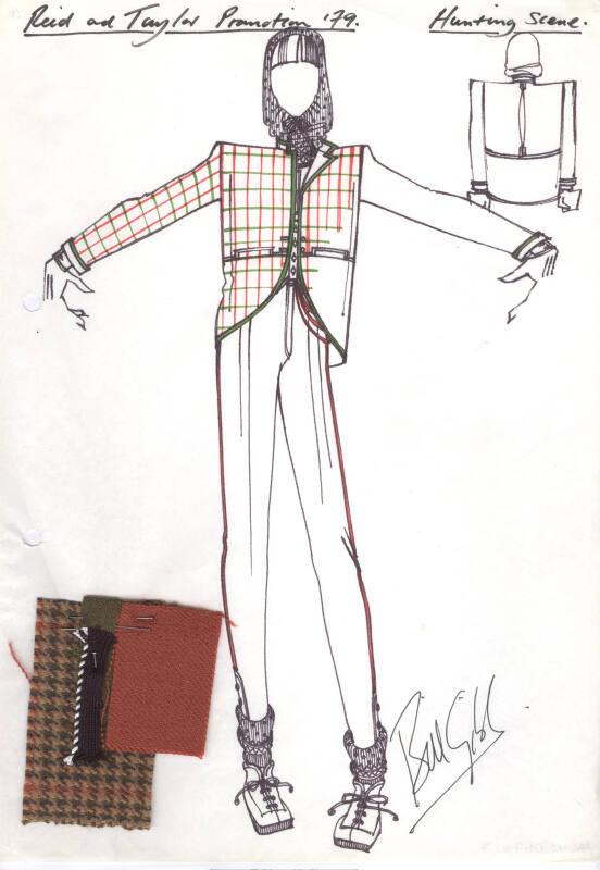 Drawing of Jacket and Trousers with Fabric Swatches for Reid and Taylor 1979 Promotion