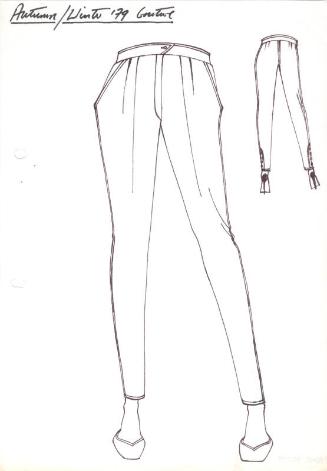 Drawing of Straight Trousers with Front Zip and Side Pockets for Autumn/Winter 1979 Couture Col…