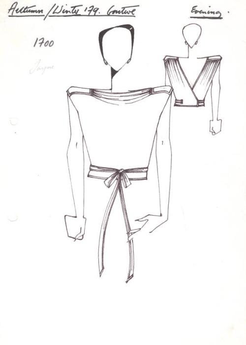 Drawing of Wrap-Over Blouse with Slashed Neckline for Autumn/Winter 1979 Couture Evening Collec…