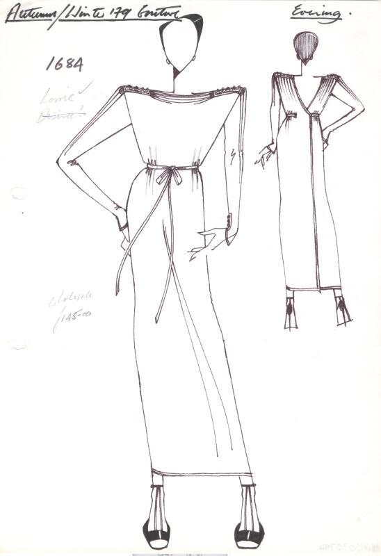 Drawing of Long Slim Fitting Wrap-Over Dress for Autumn/Winter 1979 Couture Evening Collection