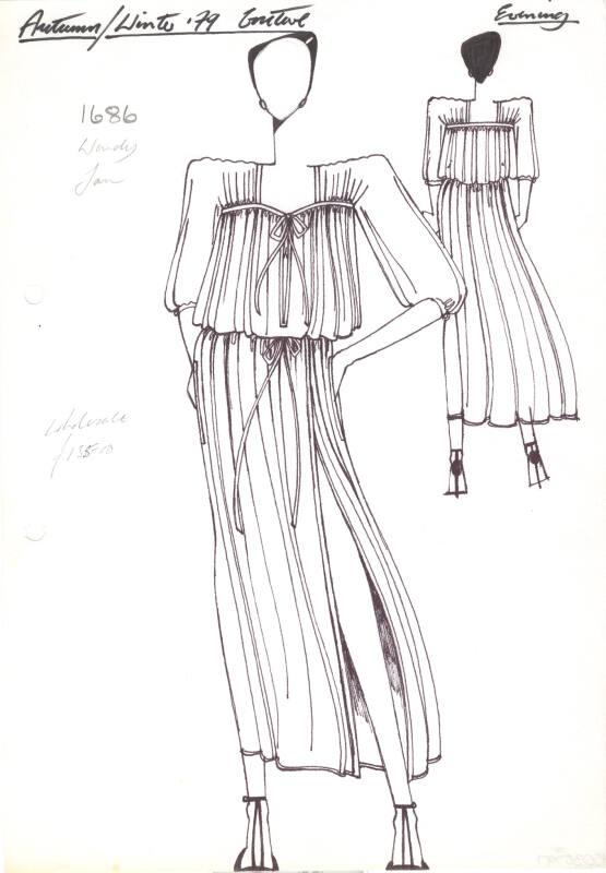 Drawing of Long Dress with Drawstring Ties for Autumn/Winter 1979 Couture Evening Collection