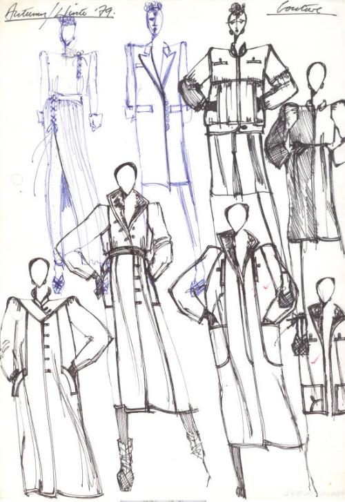 Multidrawing of Coats, Top and a Skirt for the Autumn/Winter 1979 Couture Collection