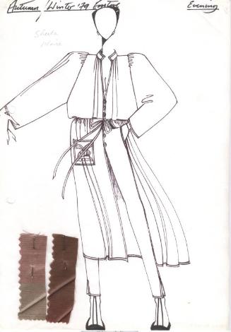 Drawing of Coat with Fabric Swatches for Autumn/Winter 1979 Couture Evening Collection