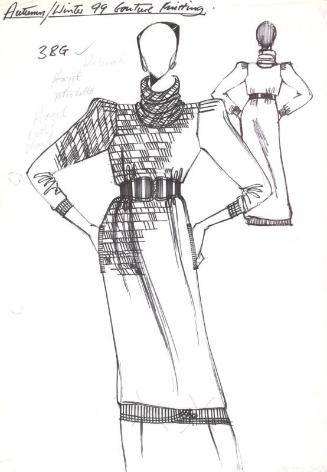 Drawing of Slim Fitting Dress with Broad Belt for Autumn/Winter 1979 Couture Knitting Collectio…