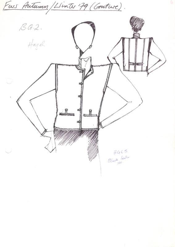 Drawing of Fur Collarless Jacket with Fabric Sleeves for Autumn/Winter 1979 Couture Fur Collect…