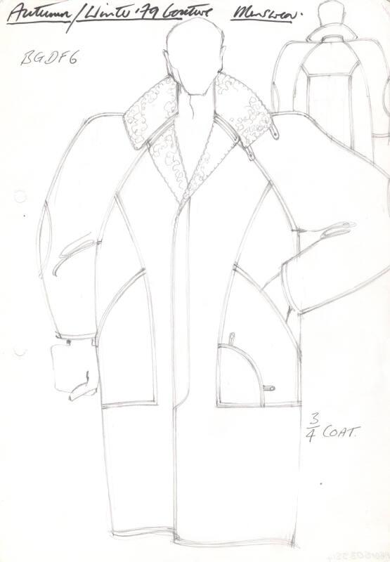 Drawing of Gents 3/4 Length Coat with High Collar for Autumn/Winter 1979 Couture Menswear Colle…