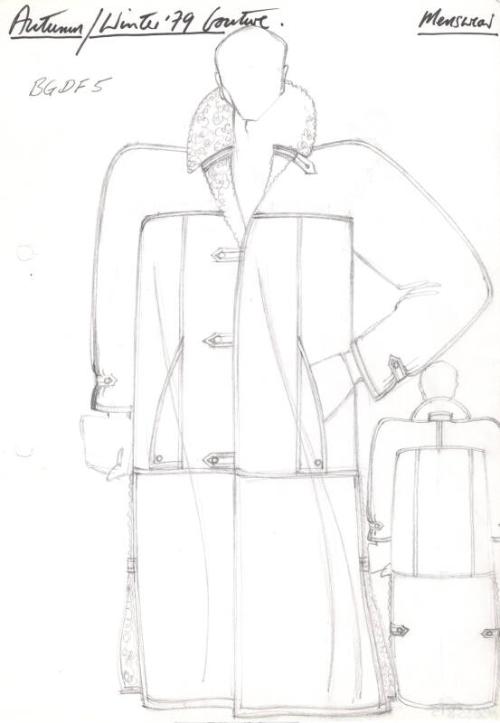 Drawing of Gents Long Coat with High Collar for Autumn/Winter 1979 Couture Menswear Collection