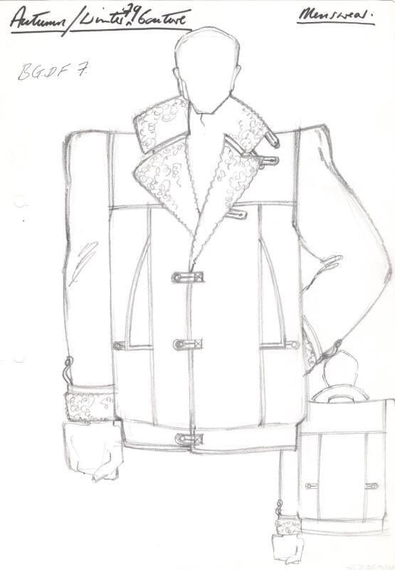 Drawing of Gents Hip-Length Jacket with High Collar for Autumn/Winter 1979 Couture Menswear Col…