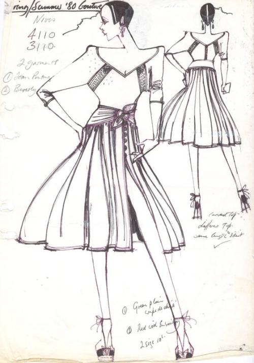 Drawing of Skirt with Broad Waistband, Bow and Split