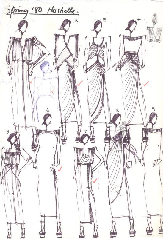 Multidrawing of Dresses for Spring 1980 Collection for Hershelle