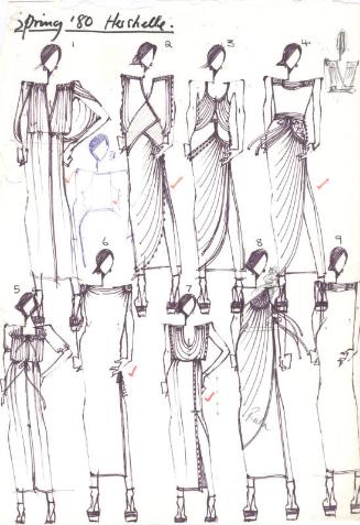 Multidrawing of Dresses for Spring 1980 Collection for Hershelle