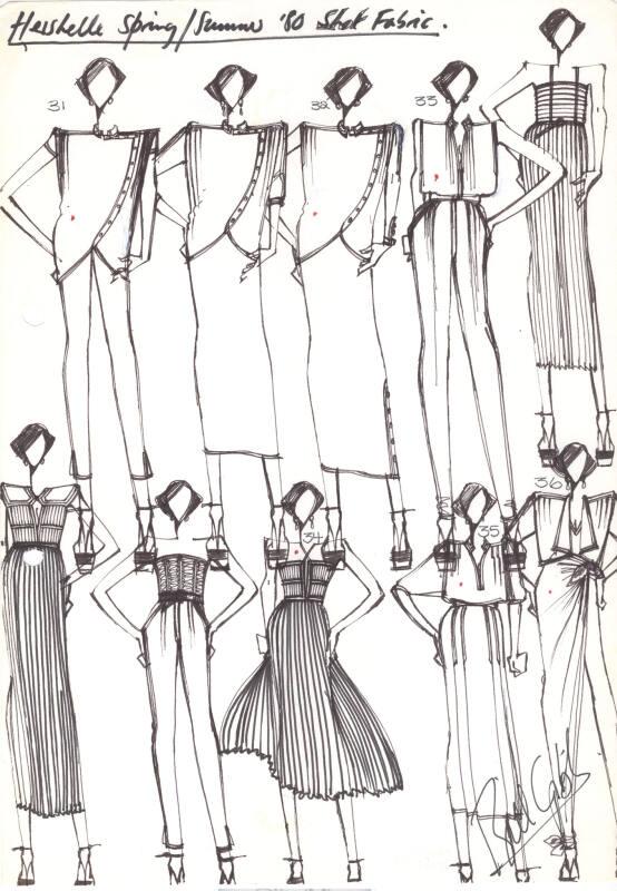 Multidrawing of Tops, Skirts and Trousers for the Spring/Summer 1980 Shot Fabric Collection for…